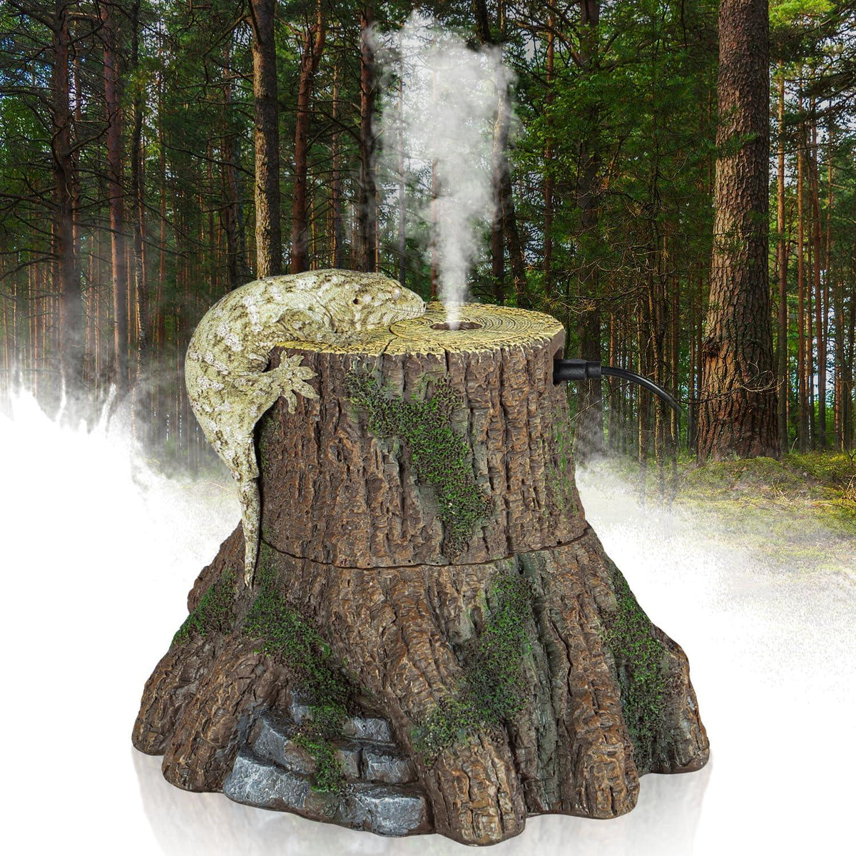 Reptile terrarium fogger shaped like a tree stump with a lizard and forest background