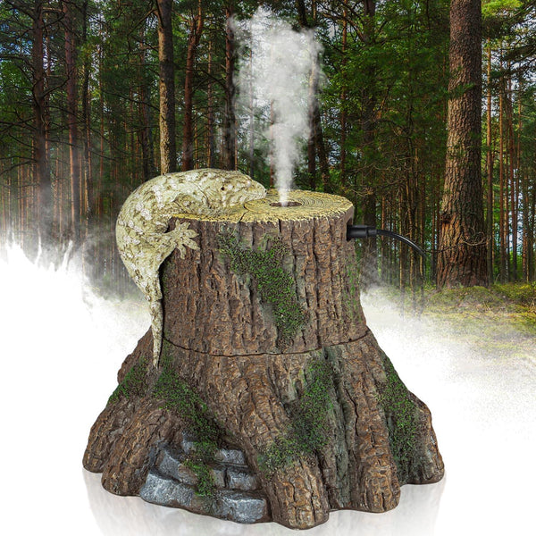 Reptile terrarium fogger shaped like a tree stump with a lizard and forest background