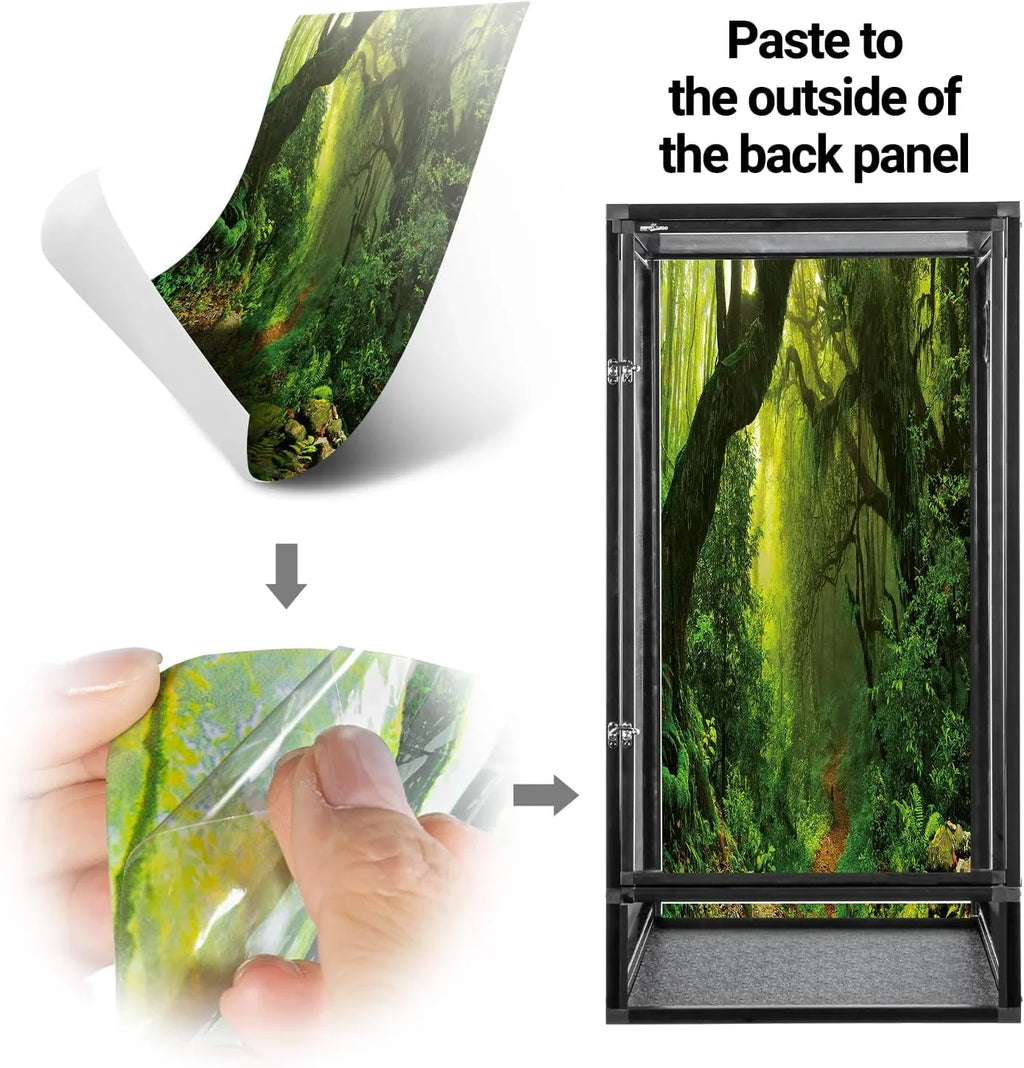 Jungle forest background sticker being applied to reptile terrarium back panel