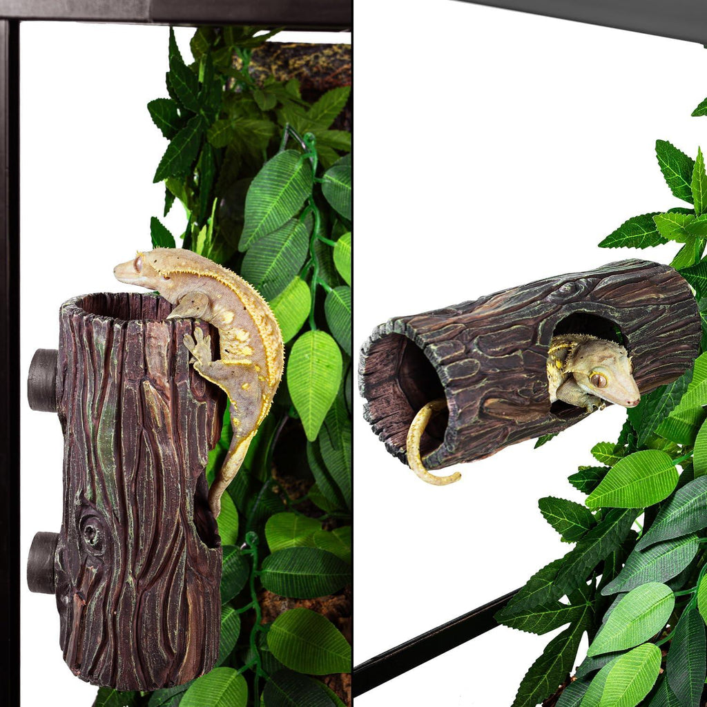 Reptile in a realistic log hideaway inside terrarium with artificial leaves, ideal reptile decor