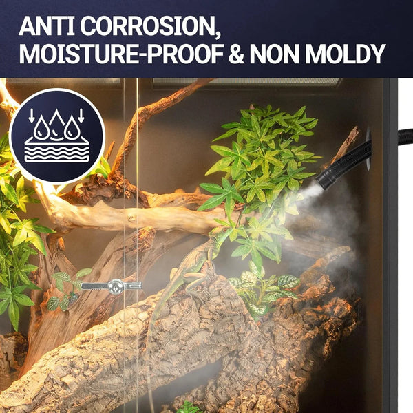 Reptile terrarium with misting system, wood branches, and green plants, showing anti-corrosion and moisture-proof features.