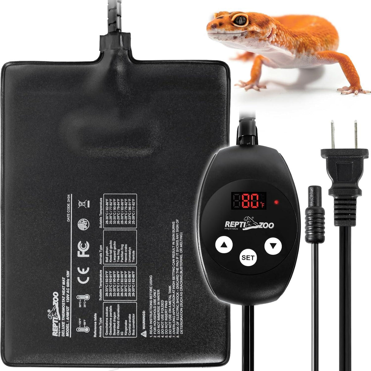 Reptile heating pad with digital thermostat controller, power cord, and gecko Main image
