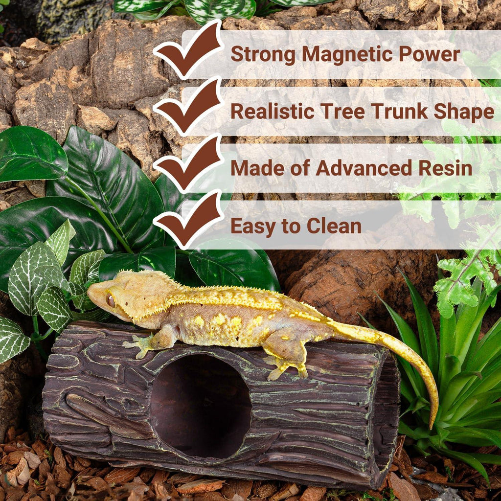 Resin reptile hideout shaped like a tree trunk in terrarium with gecko and artificial plants.