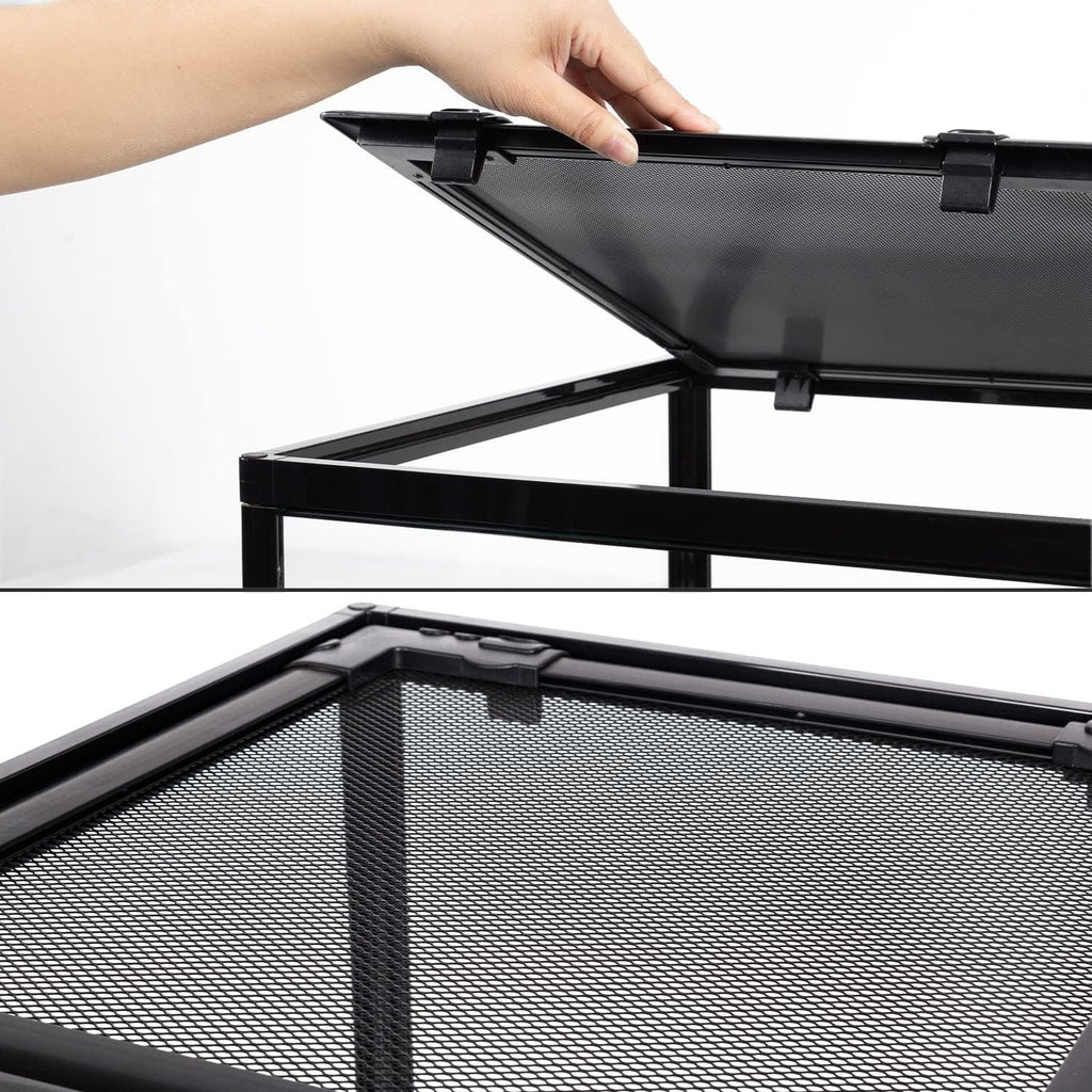 Close-up of hand opening mesh top on reptile terrarium cage, secure metal screen lid