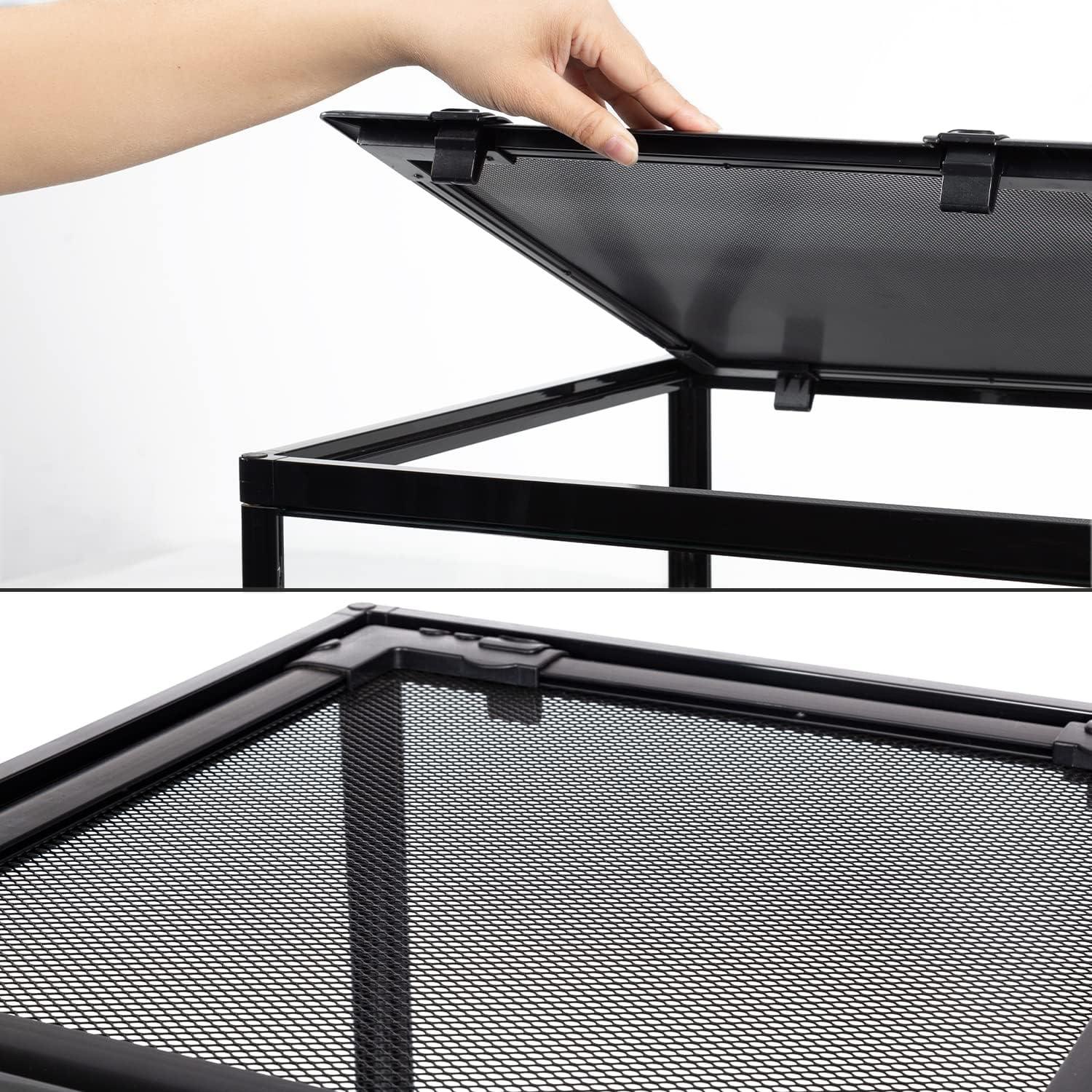 Close-up of hand opening mesh top on reptile terrarium cage, secure metal screen lid
