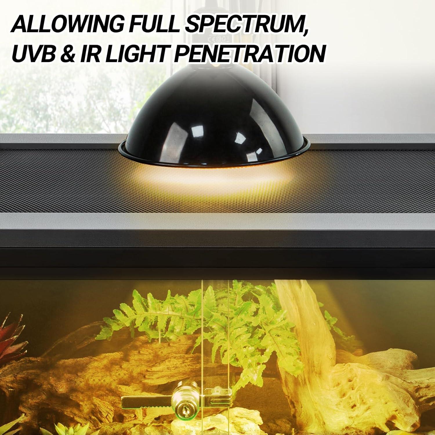 Black dome lamp on mesh terrarium lid allowing UVB and IR light into a reptile enclosure