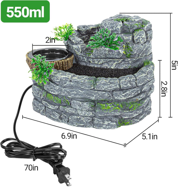 Stone-look reptile terrarium waterfall with dimensions, 550ml capacity and attached power cord.
