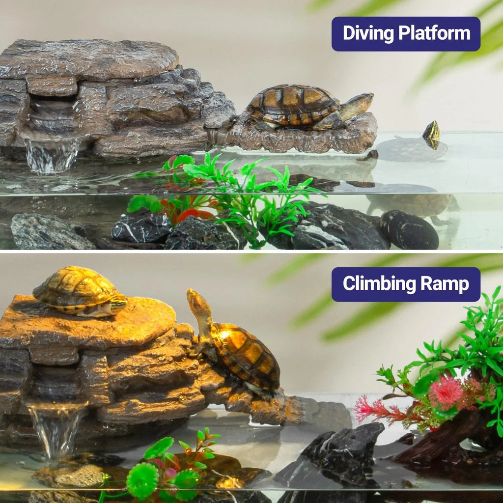 Turtle basking platform with climbing ramp and water feature in reptile terrarium