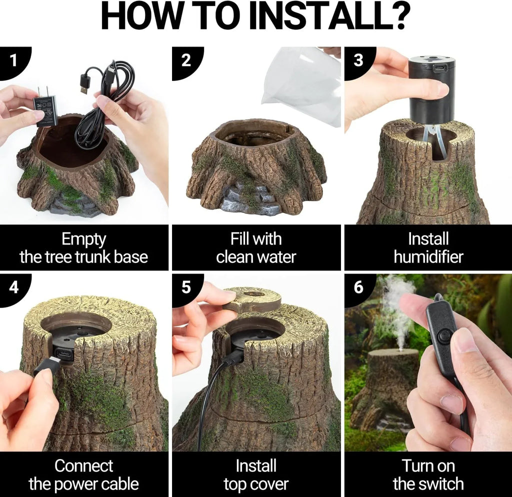 Step-by-step guide for installing reptile terrarium tree trunk humidifier with power cable.