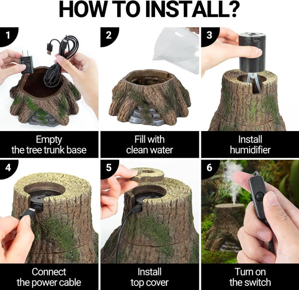 Step-by-step guide for installing reptile terrarium tree trunk humidifier with power cable.