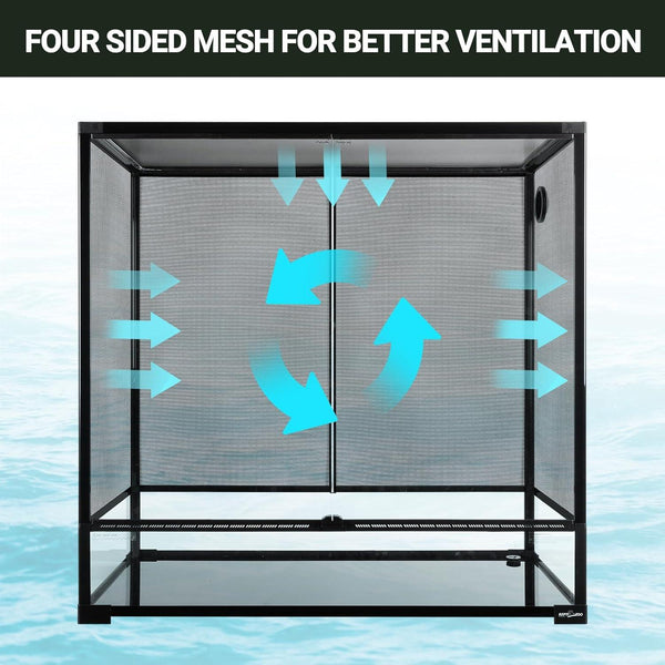 Mesh reptile terrarium with arrows illustrating four-sided ventilation