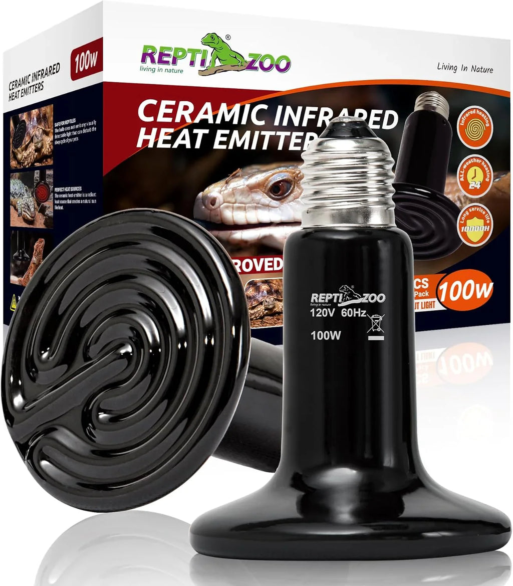 Ceramic infrared heat emitter 100W for reptile terrarium, black bulb and product box