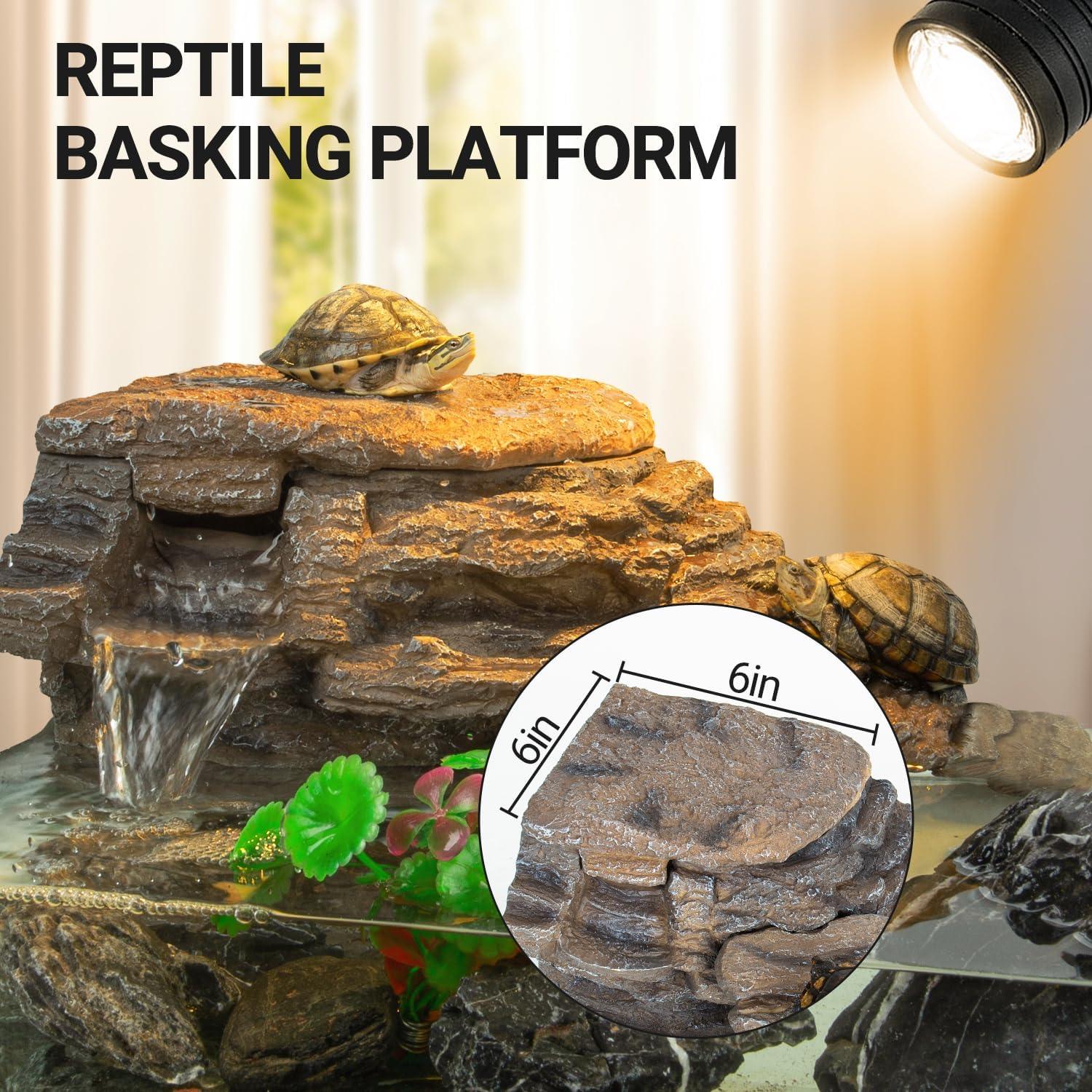 Reptile basking platform with turtle, rock ledge, water feature, and UVB light in terrarium