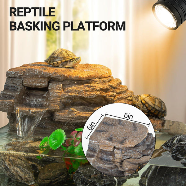 Reptile basking platform with turtle, rock ledge, water feature, and UVB light in terrarium