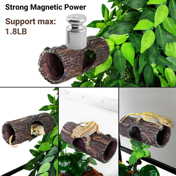 Magnetic reptile hideout log tunnel for terrarium, supports up to 1.8LB, shown with geckos