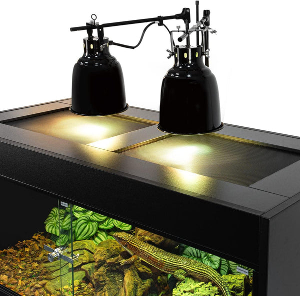 Black reptile terrarium with dual dome heat lamps and a lizard basking on rocks inside.