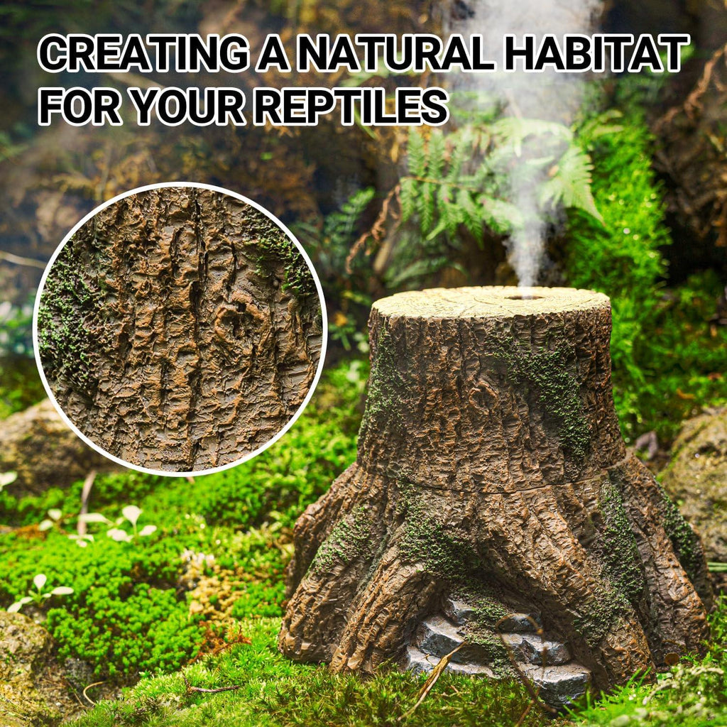 Reptile terrarium fogger in tree stump design with mist, moss, and natural habitat setting.