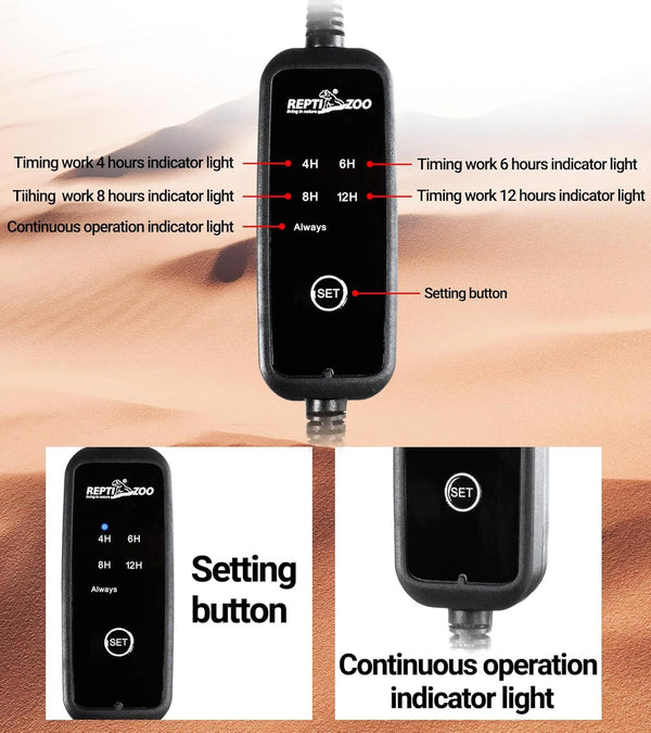 Digital timer controller for reptile terrarium lighting with 4H, 6H, 8H, 12H, and continuous mode indicators.