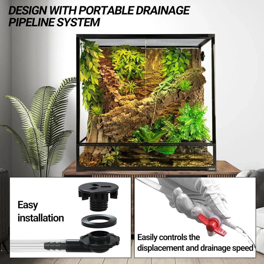 Glass reptile terrarium with plants, portable drainage system, easy installation, and control valve.