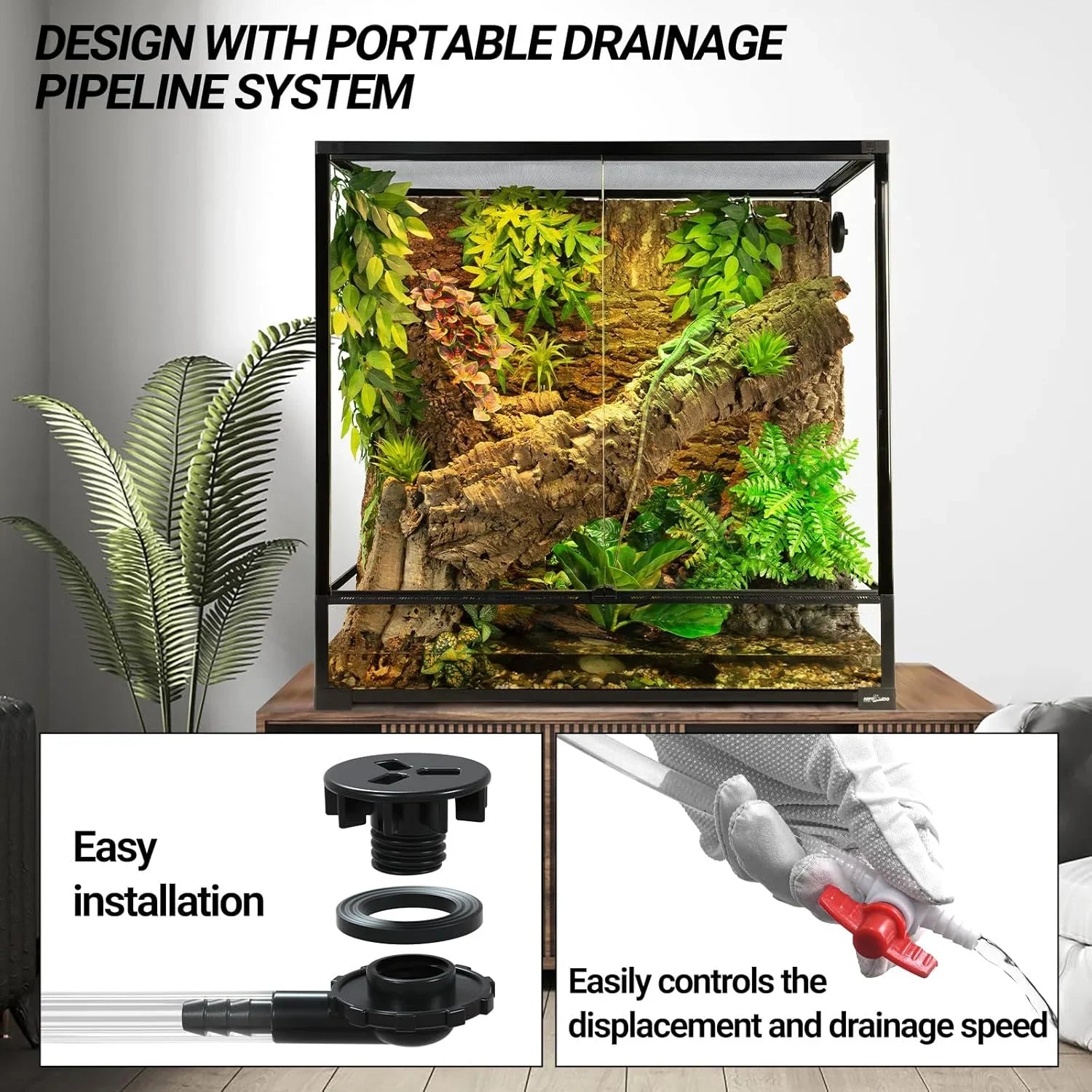 Glass reptile terrarium with plants, portable drainage system, easy installation, and control valve.
