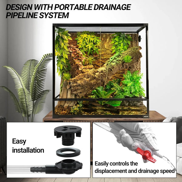 Glass reptile terrarium with plants, portable drainage system, easy installation, and control valve.