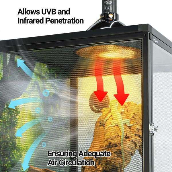 Mesh reptile terrarium top with UVB heat lamp, arrows showing air circulation and light penetration