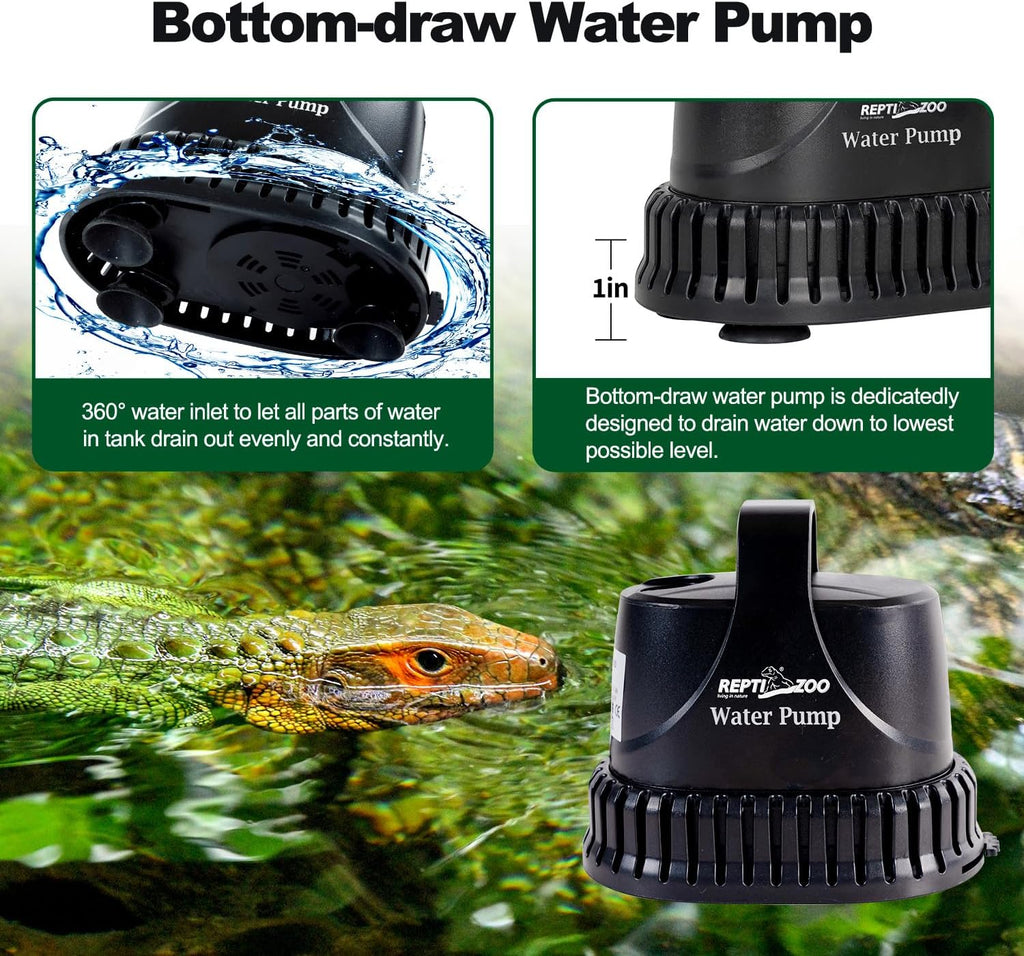 REPTIZOO Low Water Level Drain Pump, 243GPH 26W Submersible Drain with Bottom Suction, Flow Adjustable Bottom-draw Water Pump for Turtle/Fish/Paludarium Tanks