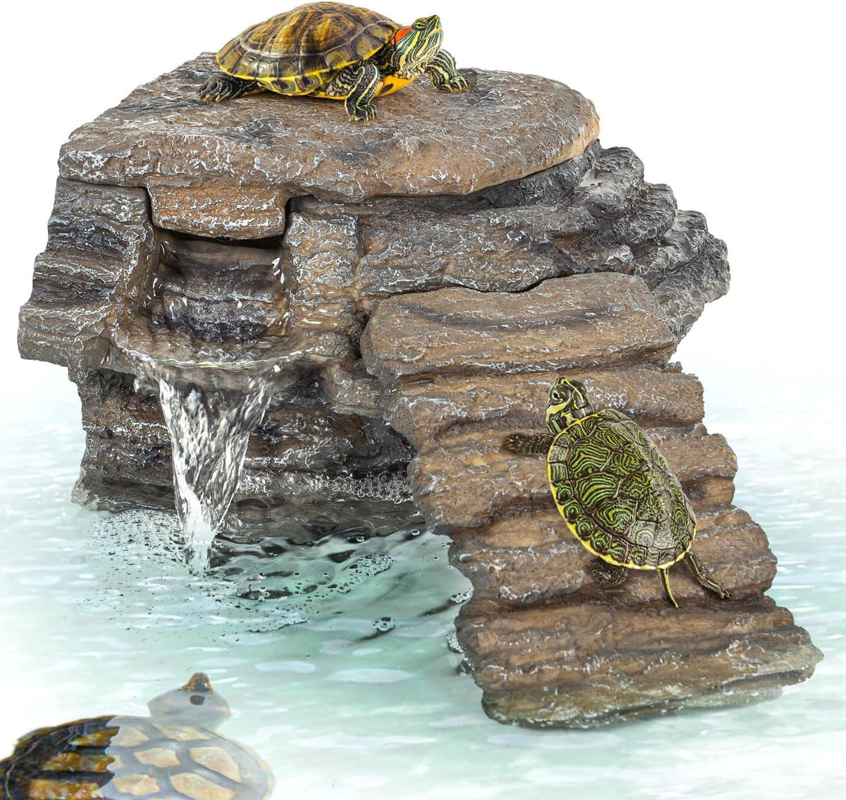 Turtle basking platform with waterfall, turtles climbing on textured rock ramp in water. Main image