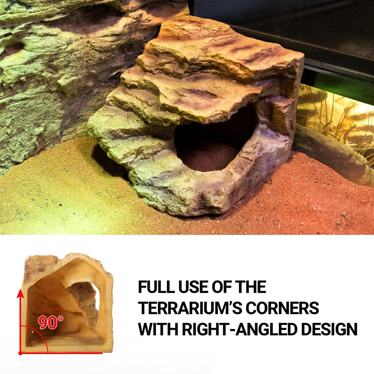 Reptile terrarium rock cave hide with right-angled corner design for lizards and snakes