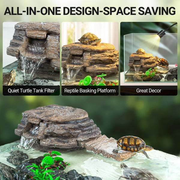 Turtle tank filter and reptile basking platform with artificial rock design in aquarium setup.