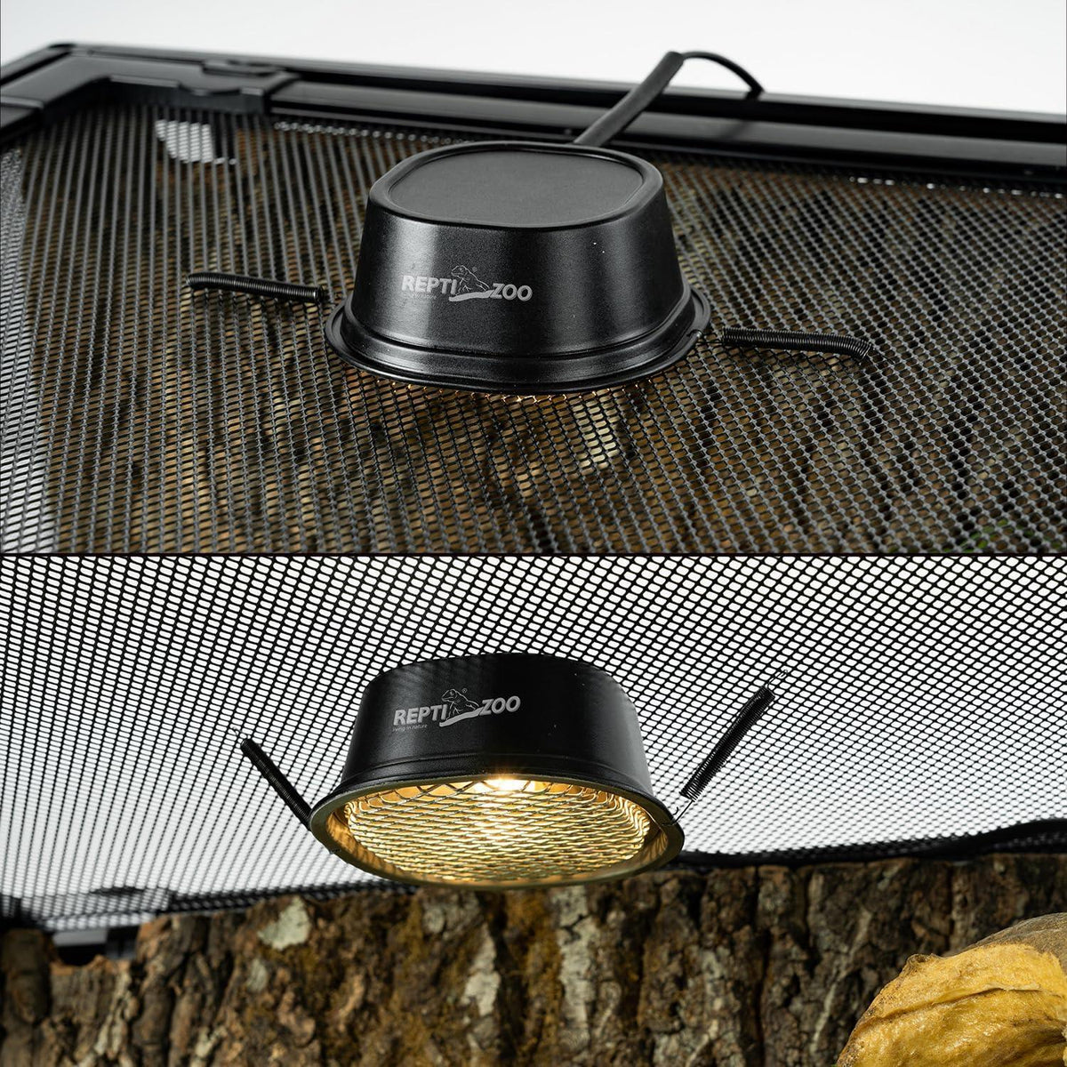 Black reptile heat lamp mounted on terrarium mesh lid with visible light bulb
