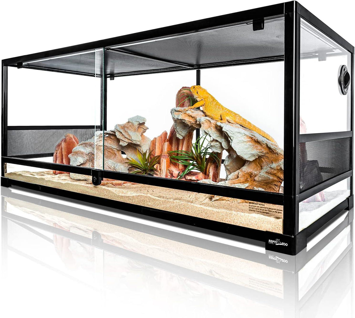 Large glass reptile terrarium with sliding doors, sand substrate, rocks, and a yellow lizard. Main image