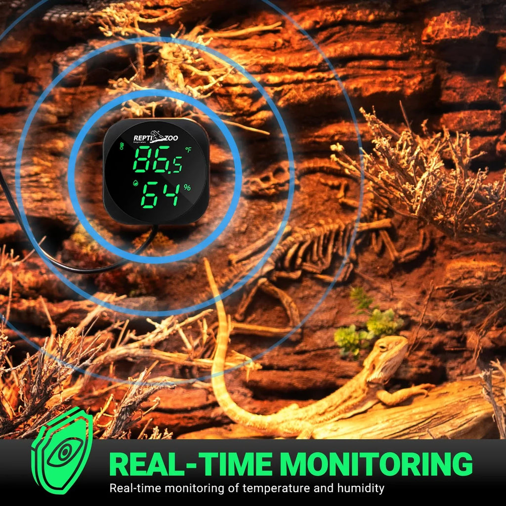 Digital reptile terrarium thermometer hygrometer displaying temperature and humidity in a desert enclosure.