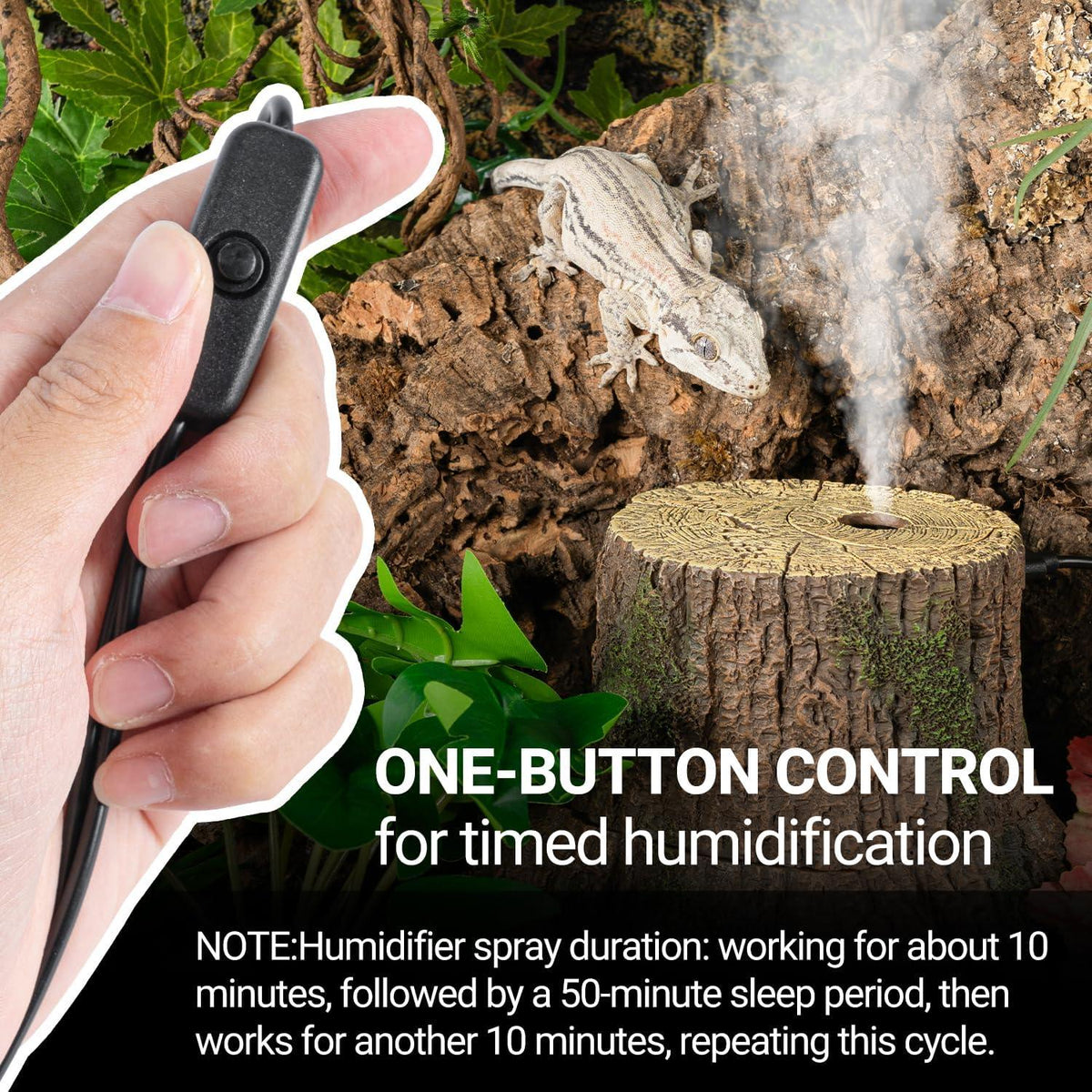 Hand holding remote for reptile terrarium humidifier with misting log and gecko on bark