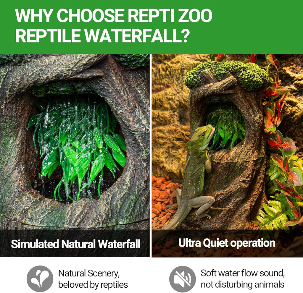 REPTI ZOO Terrarium Waterfall Drinking Fountain, 1000ML Water Dispenser & Food Dish