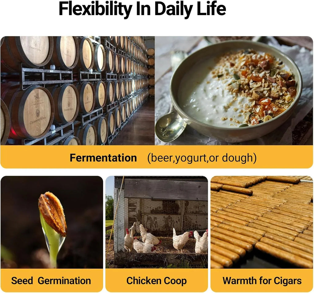 Collage showing fermentation barrels, a yogurt bowl, seed germination, chickens in a coop, and cigars, illustrating daily uses like fermentation, seed starting, poultry care, and cigar warmth.