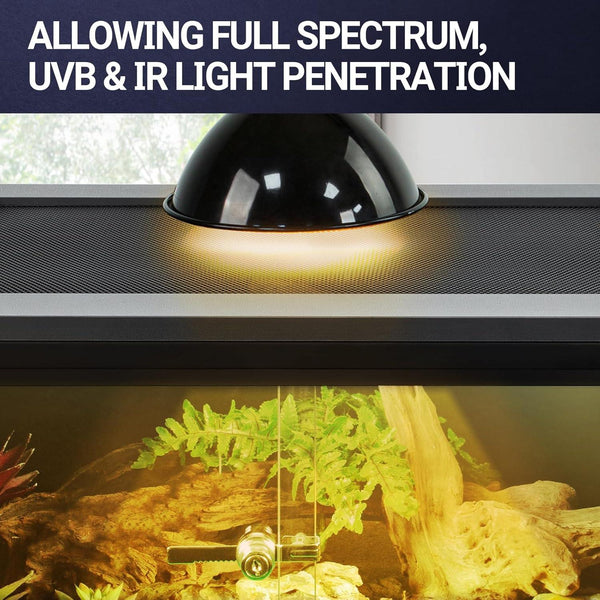 Reptile terrarium with mesh lid and dome lamp for UVB and heat light penetration