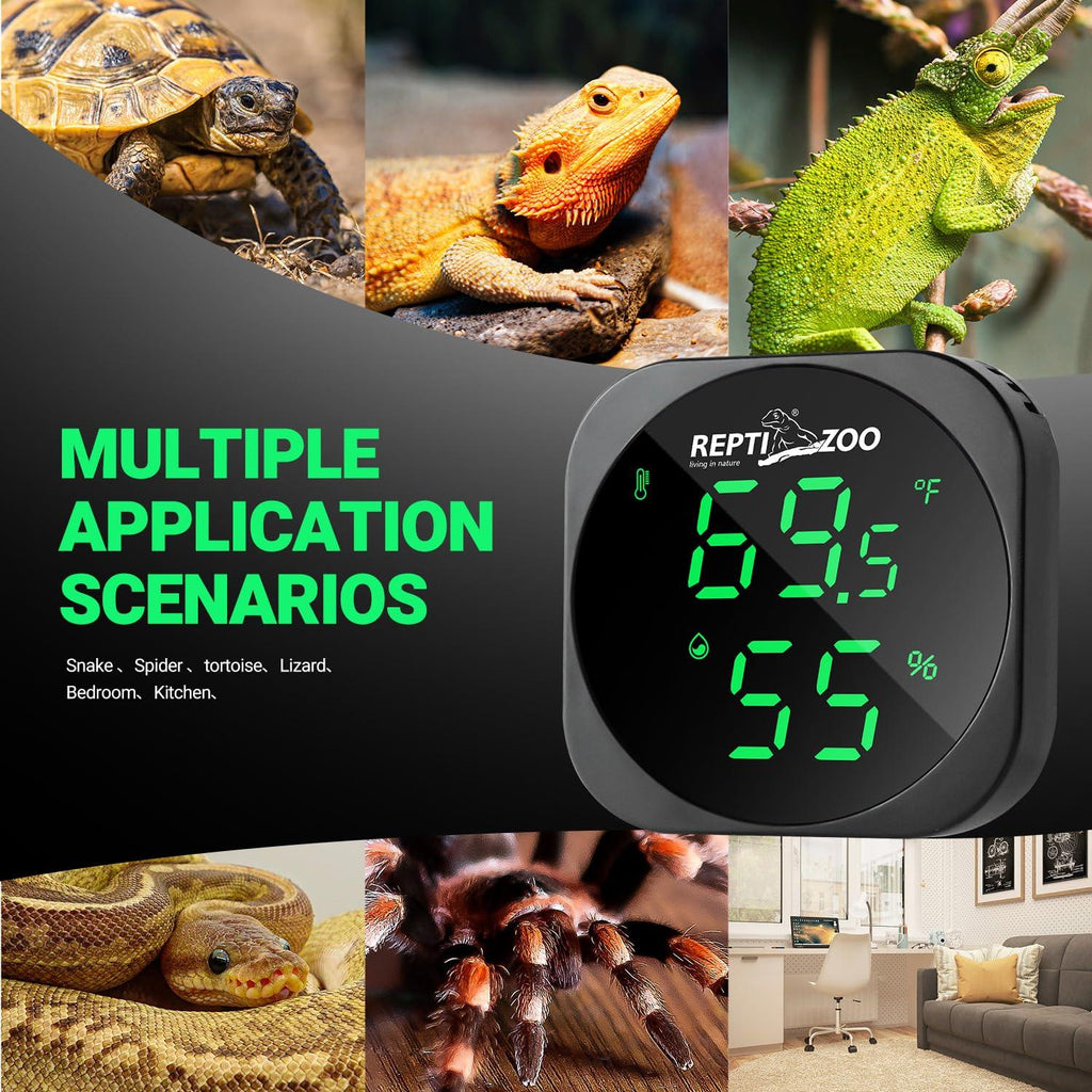 Digital reptile thermometer hygrometer with temperature and humidity display, surrounded by images of tortoise, lizard, chameleon, snake, tarantula, and room settings.