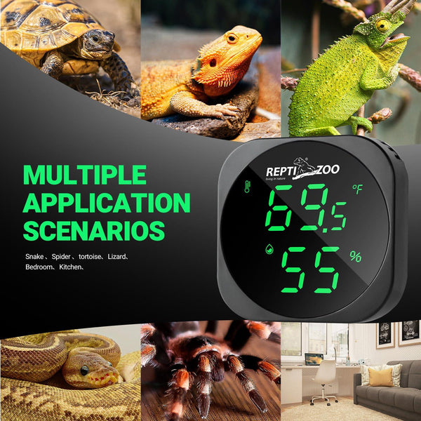 Digital reptile thermometer hygrometer with temperature and humidity display, surrounded by images of tortoise, lizard, chameleon, snake, tarantula, and room settings.