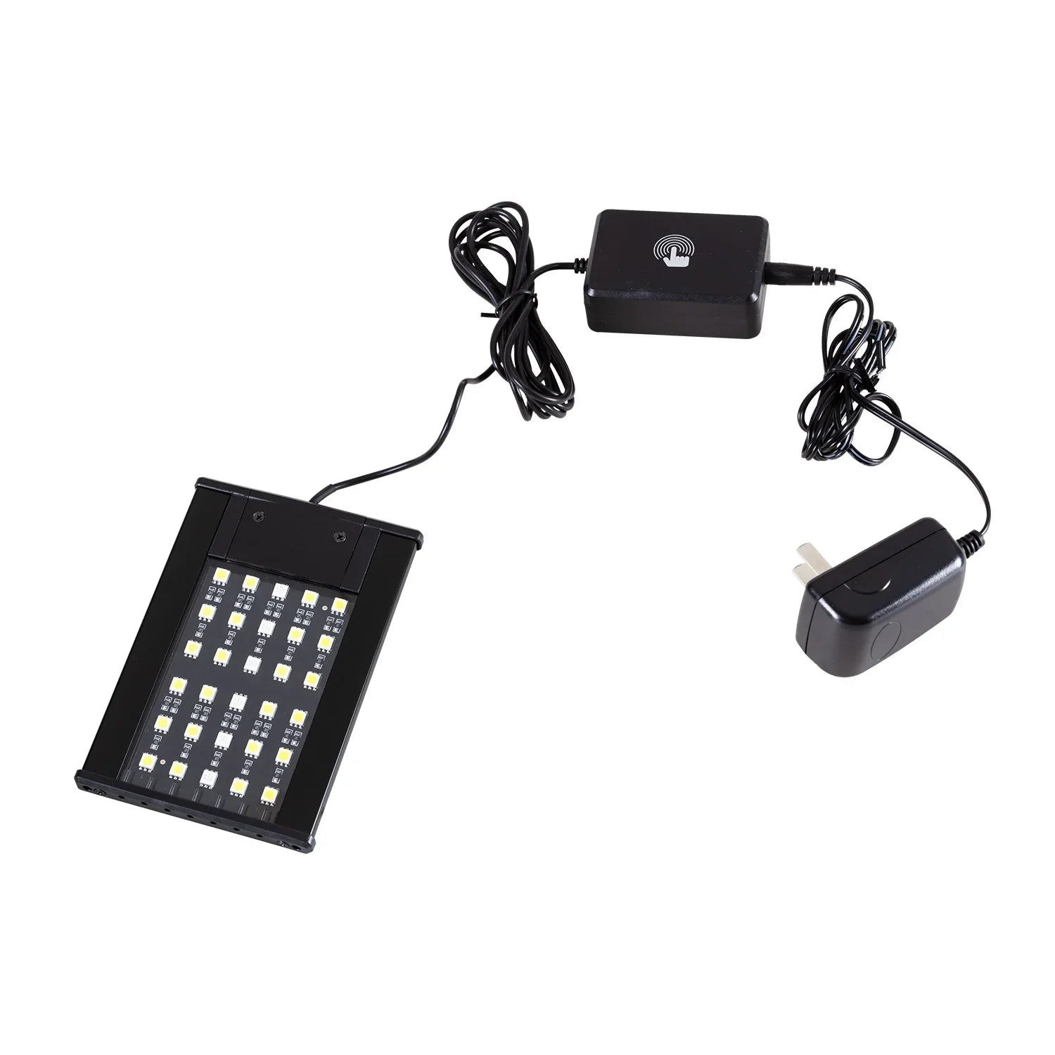 LED reptile terrarium light with power adapter and touch control, black, on white background
