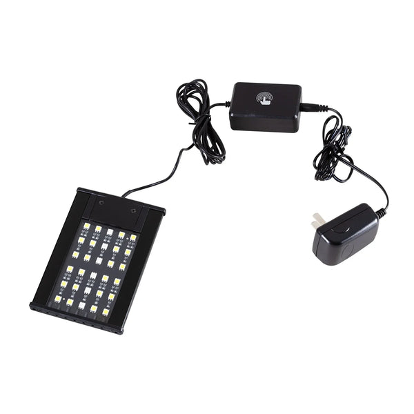 LED reptile terrarium light with power adapter and touch control, black, on white background