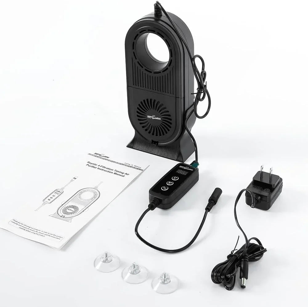 Reptile terrarium air circulation fan kit with digital controller, power adapter, instruction manual, and suction cups