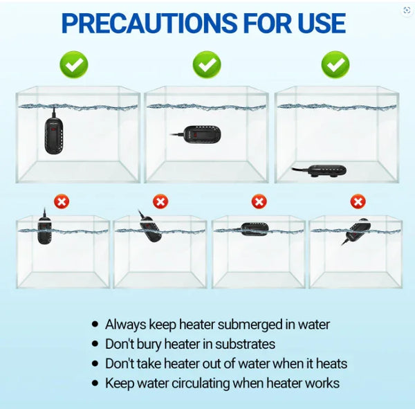 Aquarium heater placement guide showing correct submersion methods and safety tips for water heaters.
