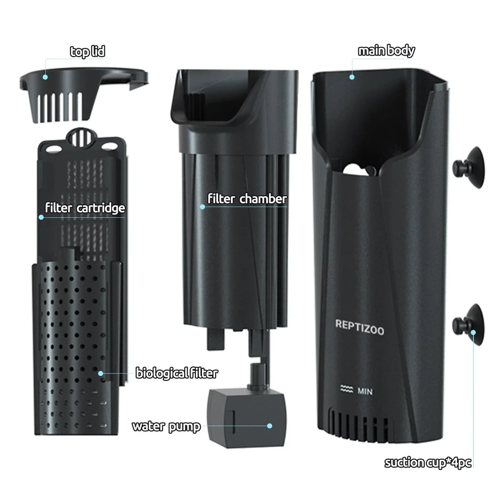 Reptile tank filter parts labeled, including filter cartridge, biological filter, water pump, and suction cups.