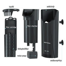 Load image into Gallery viewer, Reptile tank filter parts labeled, including filter cartridge, biological filter, water pump, and suction cups.