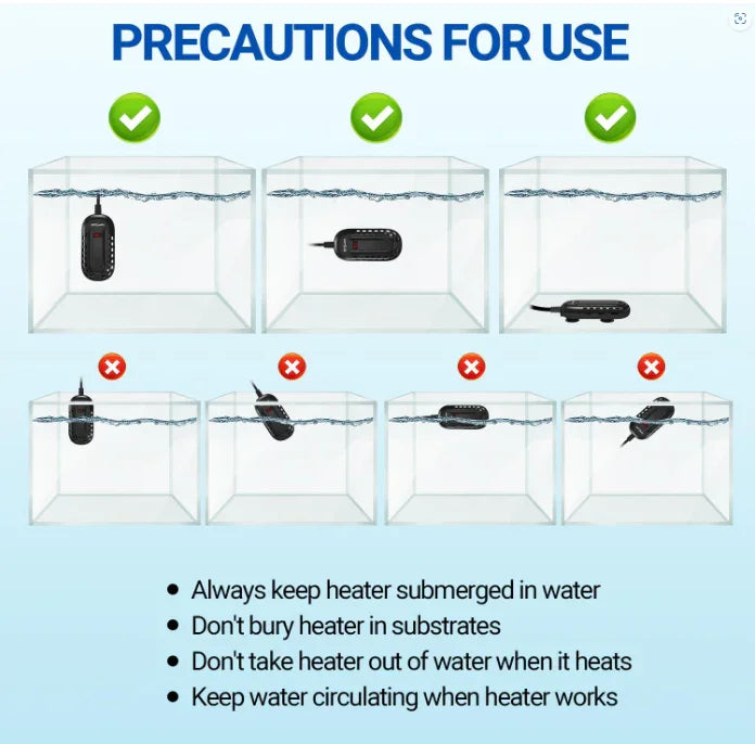 Aquarium heater usage precautions illustration with correct and incorrect submersion examples and safety tips.
