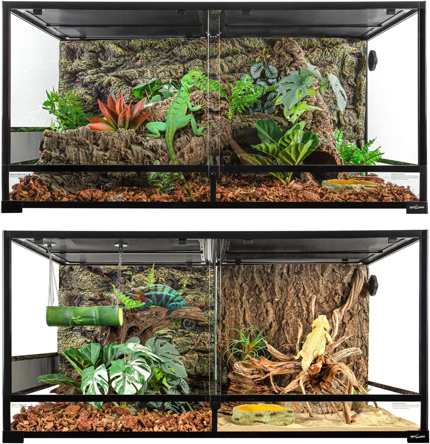 Glass reptile terrariums with naturalistic decor, heat lamp, live plants, and lizards inside