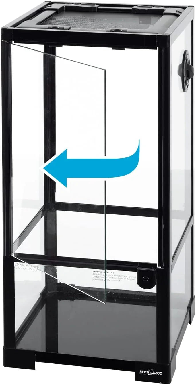 Glass reptile terrarium with front opening door and mesh top for ventilation