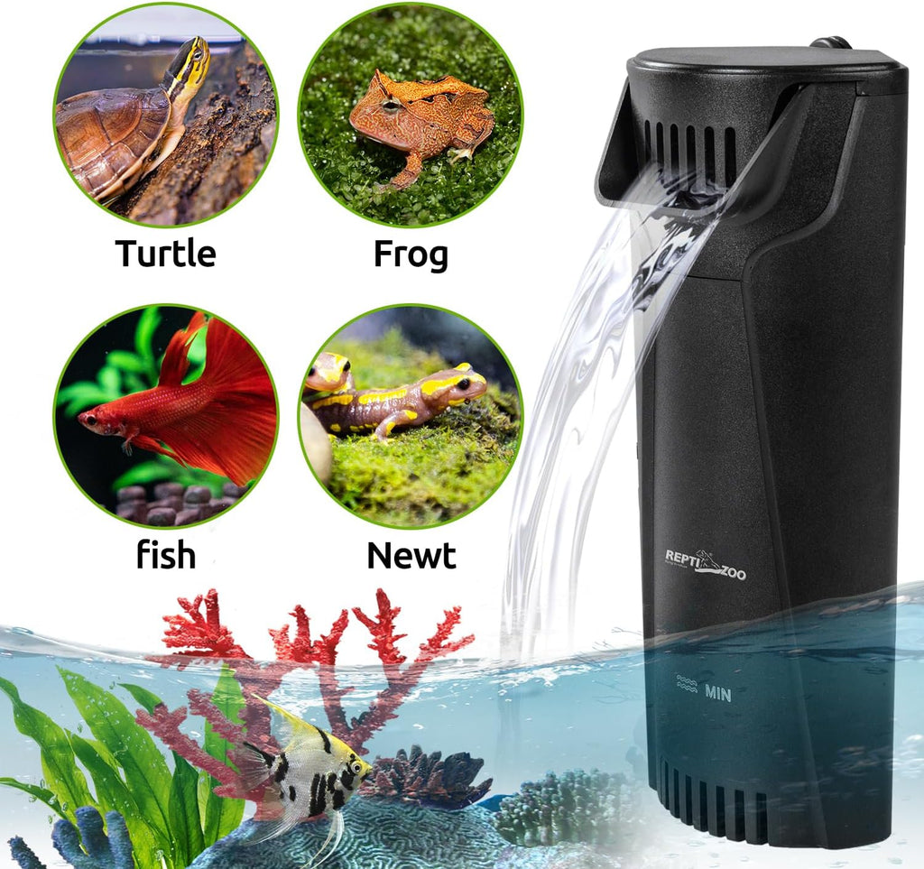 REPTIZOO Turtle Tank Filter Aquarium Corner Internal Filter, Low Level Waterfall Turtle Filter with 3-Stage Bio-Filtration, 45GPH Quiet Aquatic Reptile Internal Filter, Up to 10 Gallon