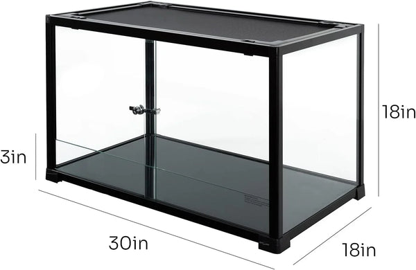 Glass reptile terrarium with black frame, front opening doors, mesh top, 30x18x18 inches.